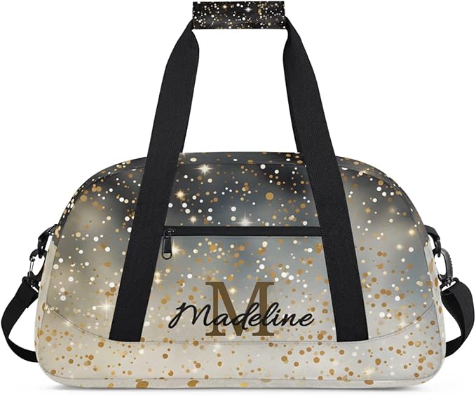Personalized Kids Sports Duffel Bag with Name Custom Weekender Overnight Bag for Boys Girls Gym Bag Travel Dance Gymnastics Duffel Bag, Black Glitter Yellow Shiny