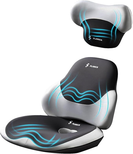 FLORICH Seat Cushion with Lumbar Support Pillow and Car Neck Headrest Pillow Kit for Office Chair, Memory Foem Sciatica Tailbone Hip Lower Back Pain Pressure Relief Butt Pads for Long Sitting Driving