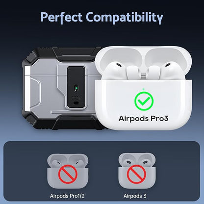 DASFOND Armor Earphone Cover Case for Airpods Pro 3, Military Grade Full Body Shockproof Protection Hard Case, Support Wireless Charging with Keychain, Magnetic Lid, Front LED Visible, Silver