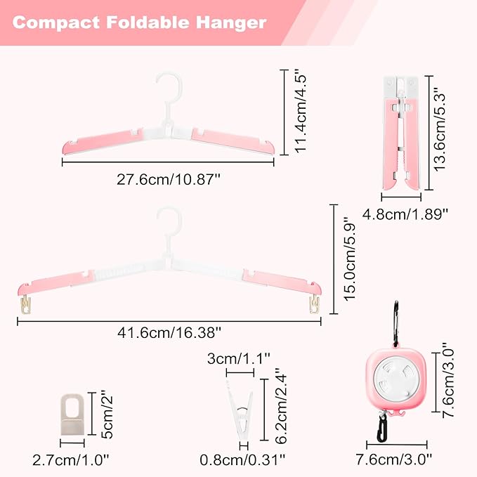 6 Pack Foldable Travel Hangers with Clips & Adjustable Clothesline, Portable Collapsible Hangers with Storage Bag for Suitcase, Hotel, RV, Cruise Essentials Set (Pink)
