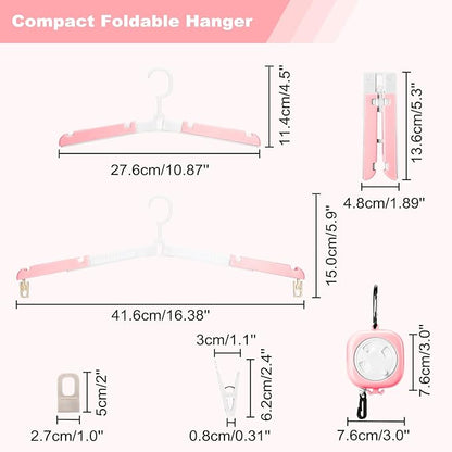 6 Pack Foldable Travel Hangers with Clips & Adjustable Clothesline, Portable Collapsible Hangers with Storage Bag for Suitcase, Hotel, RV, Cruise Essentials Set (Pink)