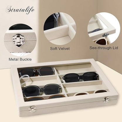 Stratalife Sunglasses Organizer Sunglass Display Tray Jewelry Tray with Lid Sunglasses Storage Case Drawer Watch Box for Men and Women Beige (8 Grids)