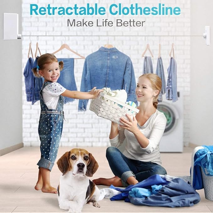 Retractable Clothesline-Clothes Line Retracting Indoor-Clothes Drying Line-Double Retractable Clothes Lines for Hanging Clothes Outdoor with 13.8 Ft Steel Wire, Clothing Line/Laundry Line, White