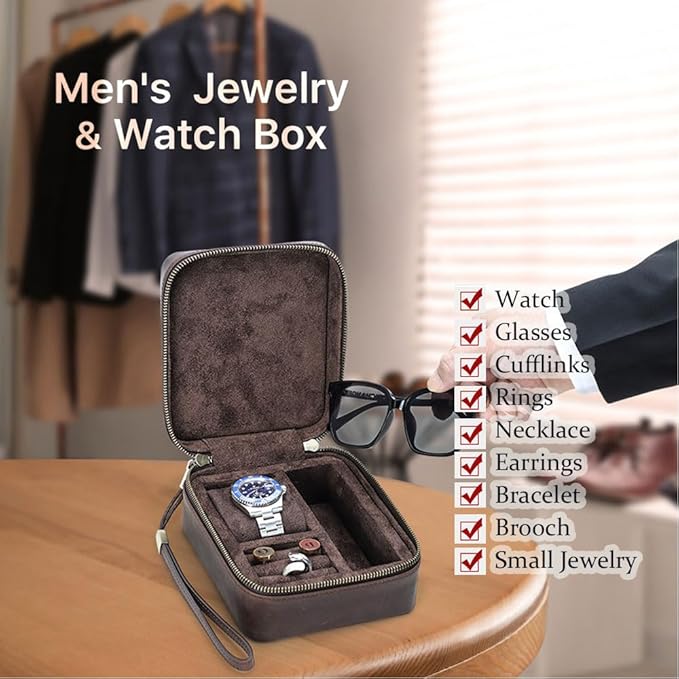 CONTACTS Cufflinks Box Leather Watch Case Glasses Holder for Men Travel Jewelry Storage Organizer Small Padded Tray for Cufflinks Watch Band Sunglasses Rings Studs