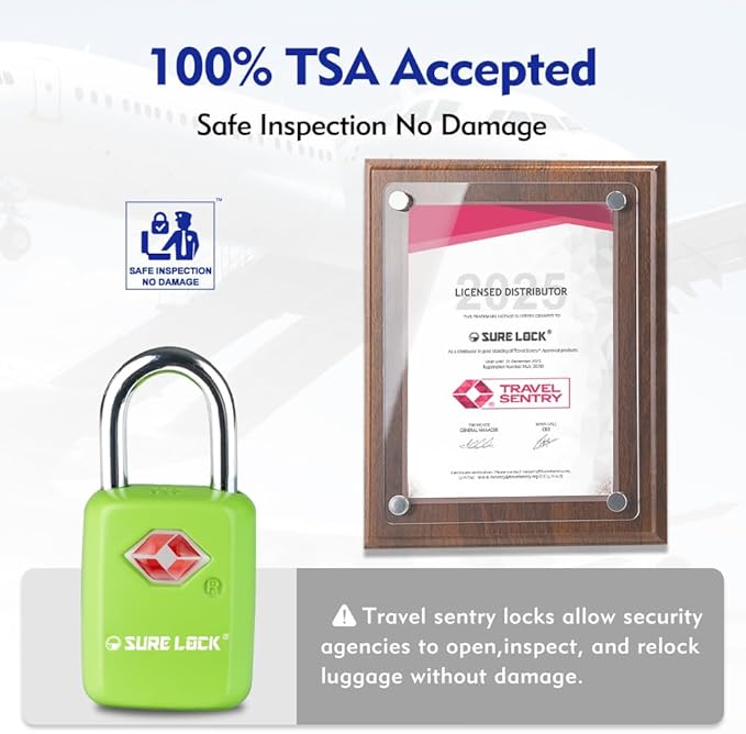 Sure Lock TSA Approved Luggage Locks Mini Size Lock with Keys for Travel, Zinc Alloy Body with Steel Shackle, Key Alike, Key Alike in The Same Package