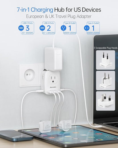 BEONDON European Travel Adapter Kit with Detachable Plugs (C/E/F/G) for UK, France, Germany, Italy, Spain & More - 2 US Outlets & 5 USB Ports (3 USB C) - Multi-Device Charger