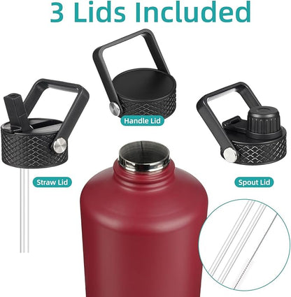 Gallon Insulated Water Bottle with Straw,128 oz 3 Lids Water Jug with Carrying Bag,Paracord Handle, Double Wall Vacuum Stainless Steel Metal Flask,Dark Red