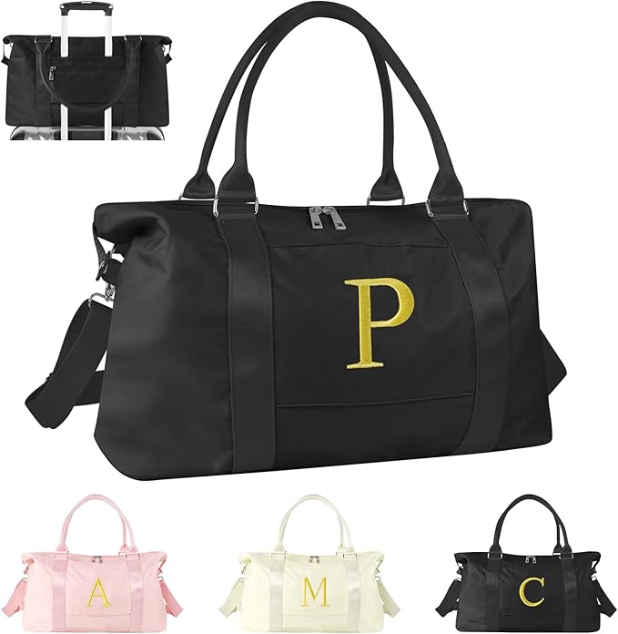 Personalized Initial Gym Dance Bag, Travel Duffel Bag for Teen Girls, Carry On Bag Overnight Weekender Bag with Trolley Sleeve, Birthday Gifts for Women Mom Daughter Graduation Gift(Letter P, Black)