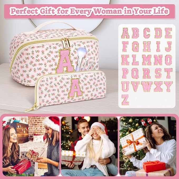 Personalized Travel Makeup Bag Set,Initial Travel Cute Floral Makeup Organizer Bag,Toiletry Skincare Cosmetic Bag,Christmas Gifts for Women/Girls,Open Flat Toiletry Pouch with Brush Pocket-K