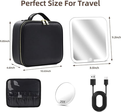 Makeup Bag with Magnetic Detachable Lighted Mirror 360° Swivel Angle, Travel Makeup Bag with Lights Portable Makeup Case Organizer with Mirror, Partition Cosmetic Bag Tools Accessories Train Case Gift