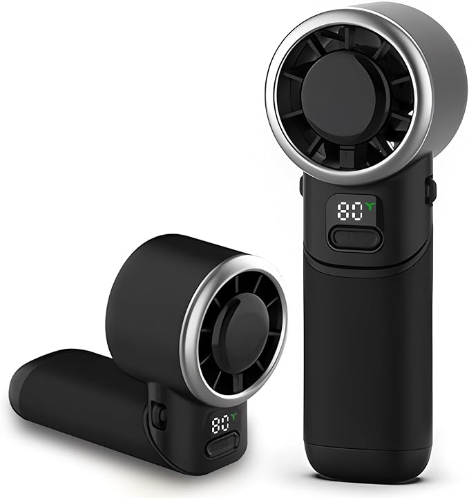 Portable Handheld Turbo Fan, USB Rechargeable Personal Mini Fan, LED Display, 5 Speed, 10H Cooling Time, Foldable Design, Powerful Turbo Small Pocket Fans for Travel, Outdoor, Office, Black