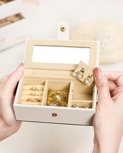 Homde 2 IN 1 Jewelry Box for Women Girls with Small Travel Case Mirror Necklace Ring Earrings Organizer - Christmas Gifts(White + Gold)