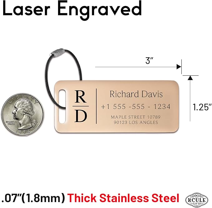 Personalized Luggage Tags for Suitcases 4 Pack - Stainless Steel Custom Luggage Tags for Backpacks & Bags, Sturdy, Waterproof & Heavy Duty (Rose Gold / 3" x 1.25")