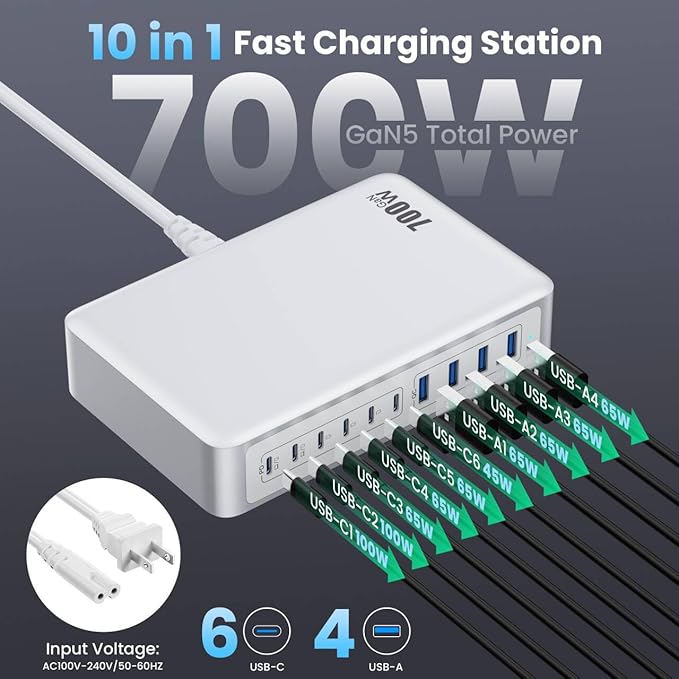 USB C Charger 700W USB C Charger Block,Upgraded GaN V 10-Port Fast Charging Station Hub,3X PD 100W Laptop Charging Adapter Compatible with MacBook Pro/Air,DELL,Steam Deck,iPhone 16/15/14,Galaxy S23