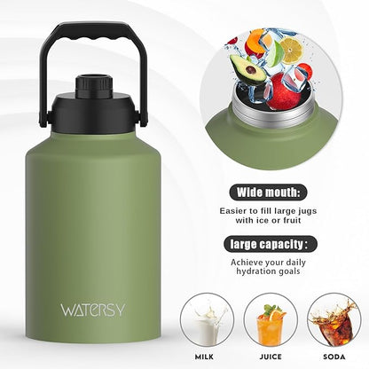 WATERSY Half Gallon Water Bottle Insulated(Cold for 48 Hrs),BPA Free&Leak Proof,64oz Stainless Steel Water Jug/Flask,Big thermo,Large Water Bottle with Handle for Gym,Hiking,Camping,Olive Green