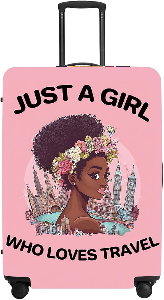 "Just a Girl Who Loves Travel" Luggage Cover, City Explorer Suitcase Protector, Waterproof Anti-Theft Design, Wanderlust Gifts for Women