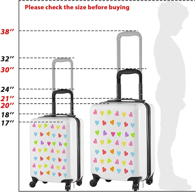 Sanwuta 6 Pcs Kids Luggage Set Kids Rolling Suitcases for Girls(White,18", 20",Heart)