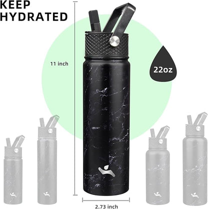 22oz Stainless Steel Bottles with 3 Lids Sport Insulated Water Bottle,Marble Midnight