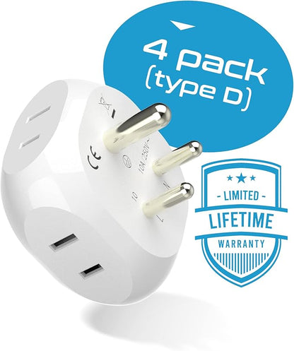 Ceptics India, Pakistan Travel Adapter - 4 Input - Ultra Compact - Light Weight - USA to Any Type D Countries Such as Bangladesh, Maldives and More - 4 Pack (PT-10-4PK)