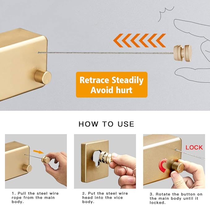 BESy Retractable Clothesline ABS case+Aluminum Dryer with Adjustable Stainless Steel Double Rope String Hotel Style Heavy Duty,Wall Mounted Method, 13.8 Feets,Gold