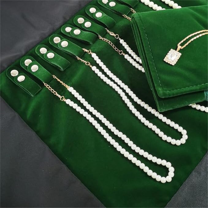 Premium Jewelry Roll Organizer for 16 Necklaces 55cm x 29cm Metal Snap & Velcro Closure - Ideal for Travel and Storage (Green)
