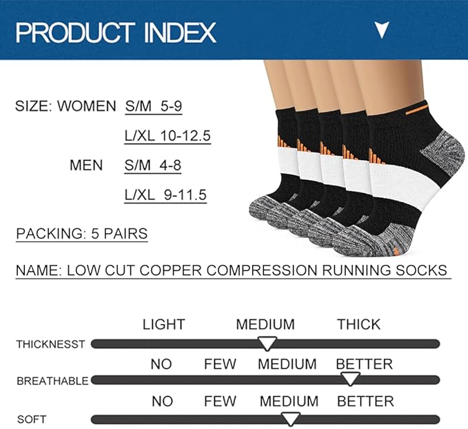 Iseasoo Copper Ankle Compression Socks - Low Cut Arch Support Socks for Men & Women, Running, Nurses, Plantar Fasciitis Socks