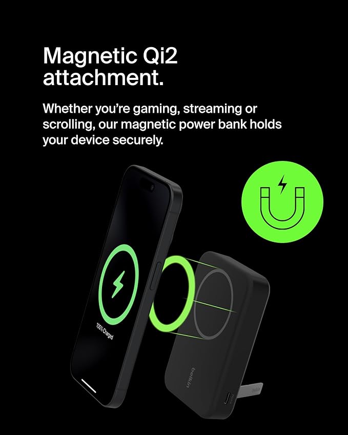 Belkin Portable Charger, Wireless Power Bank 15W 10000 mAh w/ Qi2, MagSafe Charger + Built-in Pop-up Kickstand - iPhone 17, Air, Pro, Pro Max, AirPods, Apple Watch, Google Pixel 10, etc. - Black