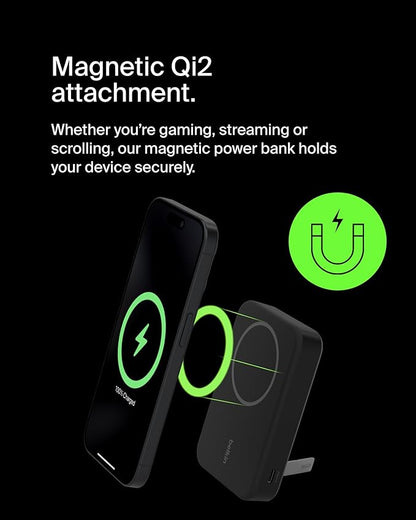 Belkin Portable Charger, Wireless Power Bank 15W 10000 mAh w/ Qi2, MagSafe Charger + Built-in Pop-up Kickstand - iPhone 17, Air, Pro, Pro Max, AirPods, Apple Watch, Google Pixel 10, etc. - Black