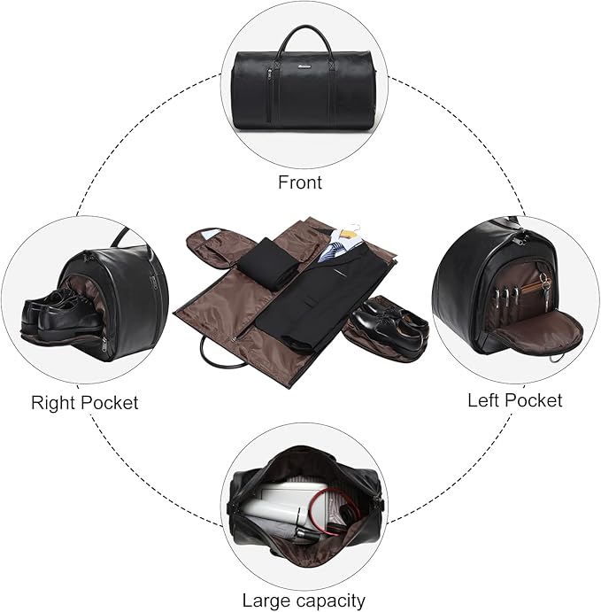 Modoker Convertible Leather Garment Bag, Carry on Garment Bags for Travel, Garment Duffel Bag, Gifts for Men Women Business Waterproof Suitcase Suit Travel Bags, Black