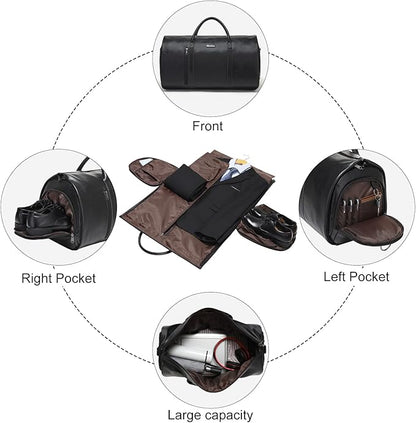 Modoker Convertible Leather Garment Bag, Carry on Garment Bags for Travel, Garment Duffel Bag, Gifts for Men Women Business Waterproof Suitcase Suit Travel Bags, Black