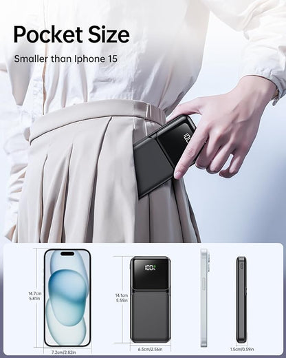 Portable Charger with Built in Cable - Power Bank Fast Charging 22.5W USB C 10000mAh LED Display Travel Battery Pack 5 Outputs & 3 Inputs for iPhone Samsung Android iPad Phones Tablets etc