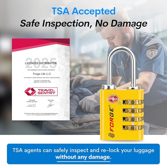 Forge Dual-Opening: Key or Combination Access Lock, TSA Approved Locks for Luggage, Pelican case, Travel, Gym, School, Stainless Steel Shackle.(Yellow, 4 Pk)