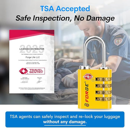 Forge Dual-Opening: Key or Combination Access Lock, TSA Approved Locks for Luggage, Pelican case, Travel, Gym, School, Stainless Steel Shackle.(Yellow, 4 Pk)