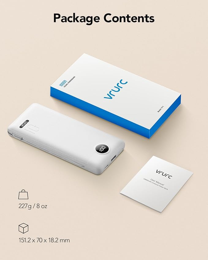 VRURC Portable Charger with Cables and Wall Plug | Power Bank with Cords | 10000mAh Portable Charger with AC Plug | External Battery Pack (Pure White)