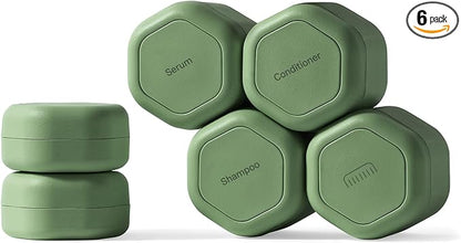 Cadence Travel Containers - 6 Piece Haircare Set - Magnetic Travel Capsules - 2 Small & 4 Medium Capsules - Shampoo, Conditioner, Leave-In Conditioner, Comb, Hair Serum, Hair Gel Labels - Eucalyptus