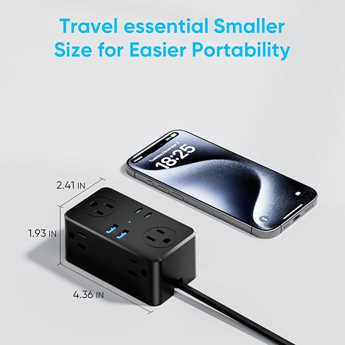 European Travel Plug Adapter, EU/UK/US Travel Plug Adapter Power Strip, 6 AC Outlets, 4 USB Ports (2 USB C), 3ft Wrapped Around Extension Cord, Compact for Travel, Black