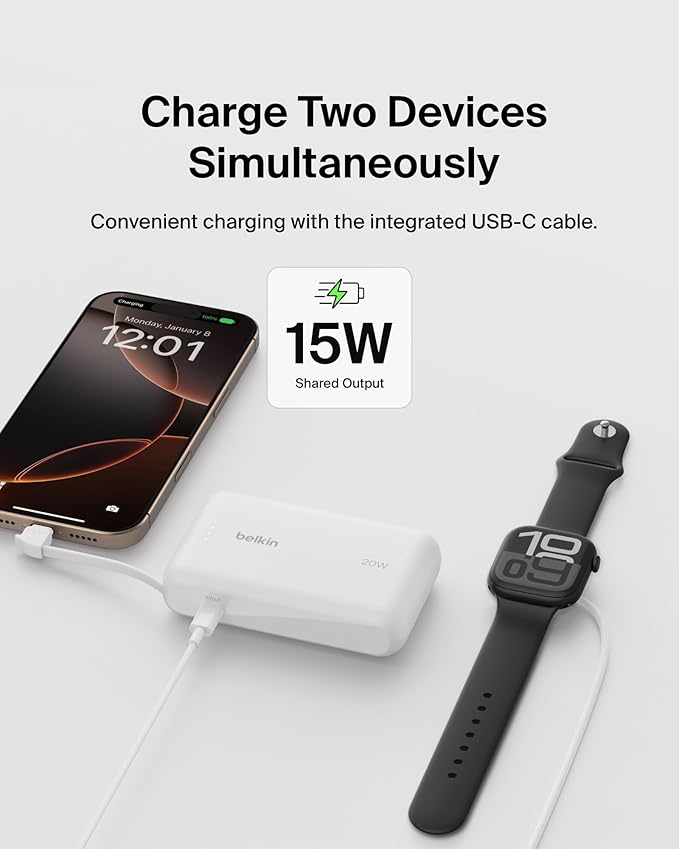 Belkin Portable Charger, Power Bank with Integrated Cable 10000 mAh 20W - Fast Charge USB C Power Delivery - iPhone 17, Air, Pro, Pro Max, iPad, AirPods, Apple Watch, Galaxy S25, & More - White