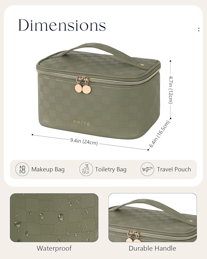 Prite Makeup Bag Portable Cosmetic Organizer with Brush Holder Waterproof Travel Toiletry Bag for Women with Handle and Divider (Checkered Green)