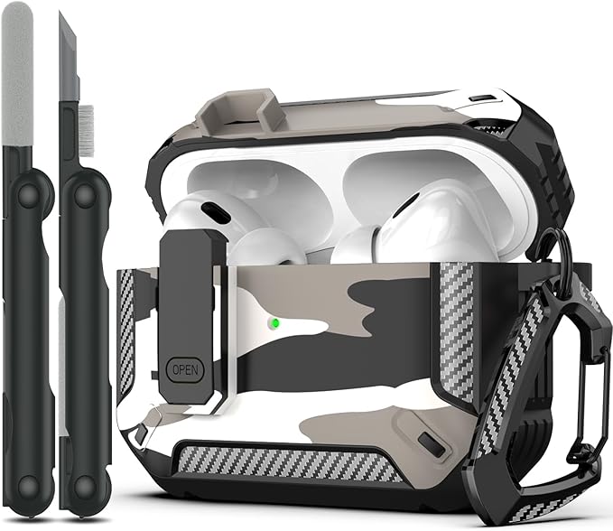 RFUNGUANGO for AirPods Pro 2nd Gen Protective Case with Cleaning Kit, Military Hard Case Protective Armor with Lock, for AirPod Gen 2 Charging Case (2023/2022/2019, 2nd Gen/1st Gen),Snow Camouflage