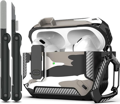 RFUNGUANGO for AirPods Pro 2nd Gen Protective Case with Cleaning Kit, Military Hard Case Protective Armor with Lock, for AirPod Gen 2 Charging Case (2023/2022/2019, 2nd Gen/1st Gen),Snow Camouflage