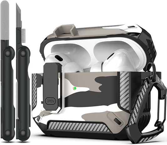 RFUNGUANGO for AirPods Pro 2nd Gen Protective Case with Cleaning Kit, Military Hard Case Protective Armor with Lock, for AirPod Gen 2 Charging Case (2023/2022/2019, 2nd Gen/1st Gen),Snow Camouflage