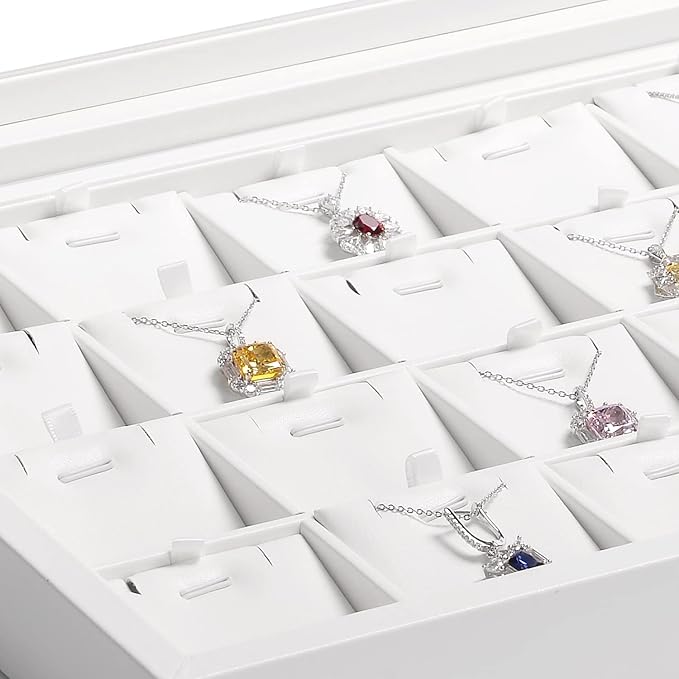 Oirlv White Leather Jewelry Organizer Tray with Acrylic Lid Drawer Insert Jewelry Storage Box with 24 Removable Jewelry Cards Pendant Necklace Display Case Women Gift