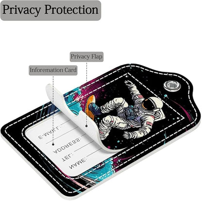 Funny PU Leather Luggage Tags 2-Pack Astronaut Surfing Space Cute Pattern Suitable for Suitcase Stainless Steel Loop and Address Card Essential for Cruise and Airport Travel for Men and Women