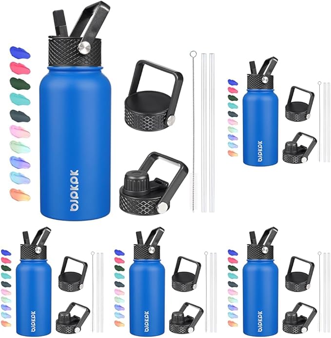 BJPKPK Insulated Water Bottles with Straw Lid, 27oz Stainless Steel Water Bottle with 3 Lids, Leak Proof BPA Free Metal Thermos Mug, Sports Water Bottle Keep Cold & Hot- Sapphire (Pack of 5)