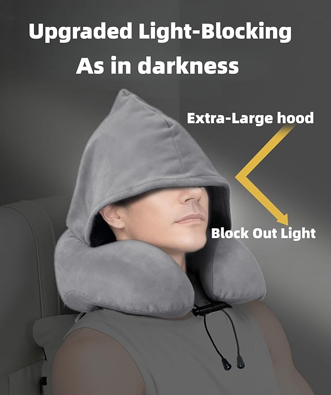 Travel Pillow with Extra Large Hood Rollable Airplant Hooded Neck Pillow with Memory Foam Filling and Removable, Skin-Friendly Cover with a Carrying Pouch
