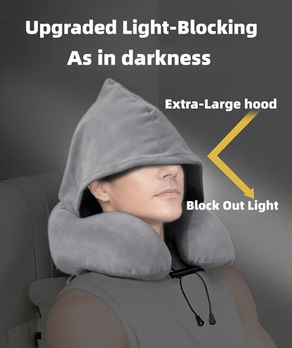 Travel Pillow with Extra Large Hood Rollable Airplant Hooded Neck Pillow with Memory Foam Filling and Removable, Skin-Friendly Cover with a Carrying Pouch