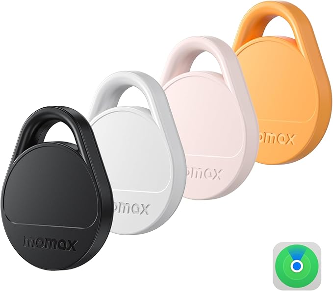 Momax Air Tracker Tags 4 Pack, [Apple MFi Certified], Replaceable Battery Bluetooth Tracker Compatible with Apple Find My (iOS Only), DIY Stickers, Item Finder Smart Tag for Keys, Wallet, Luggage