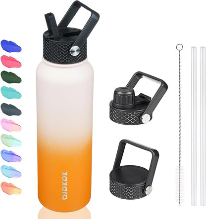 BJPKPK Insulated Water Bottles with Straw Lid, 40oz Stainless Steel Water Bottles with 3 Lids, BPA Free Leakproof Thermo, Tumblers, Cups for Sports, Gym- Coral