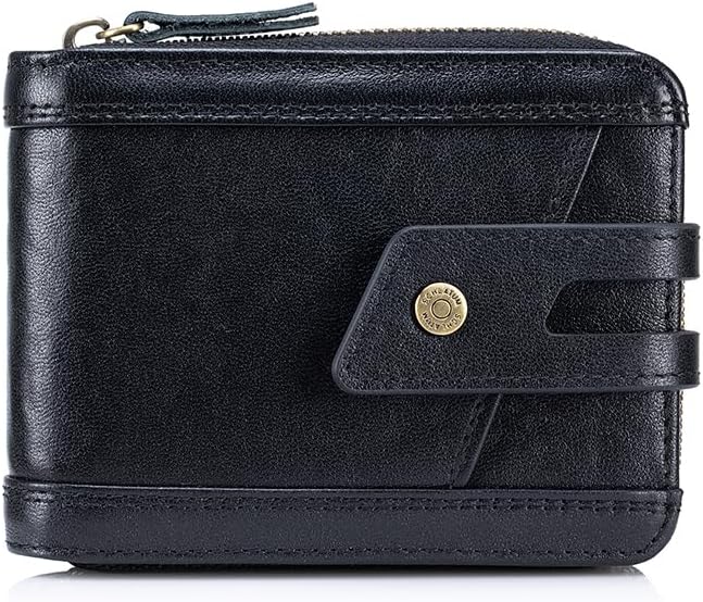 Genuine Leather Men's Wallet with Zipper Vintage RFID Blocking Large Capacity Wallet for Men with 11 Credit Card Slots and 1 ID Window (Black)