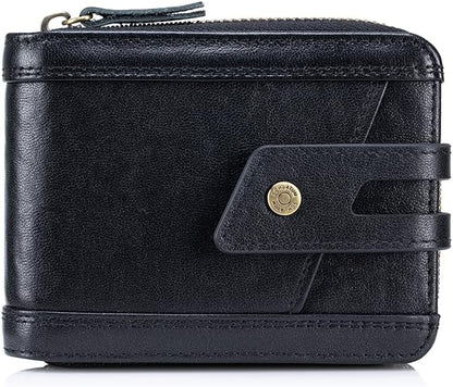 Genuine Leather Men's Wallet with Zipper Vintage RFID Blocking Large Capacity Wallet for Men with 11 Credit Card Slots and 1 ID Window (Black)